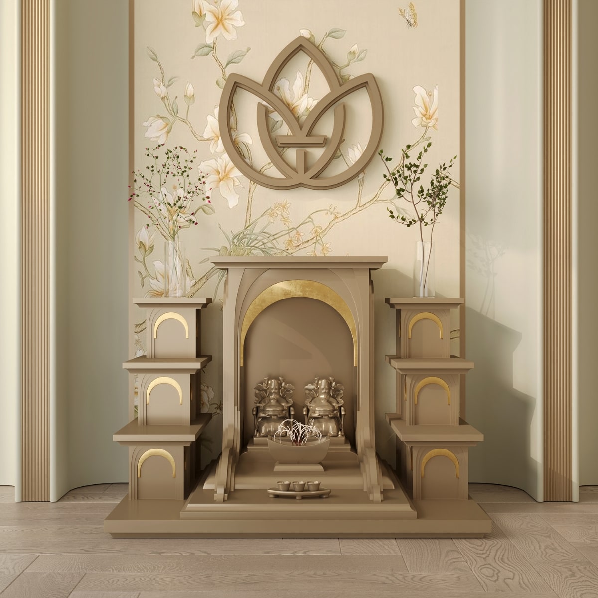 Bàn thờ tam cấp nhật quang dát vàng khung cảnh 14