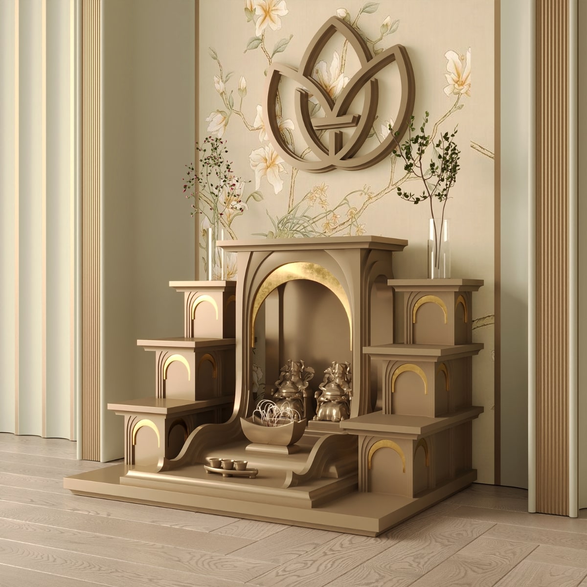 Bàn thờ tam cấp nhật quang dát vàng khung cảnh 15