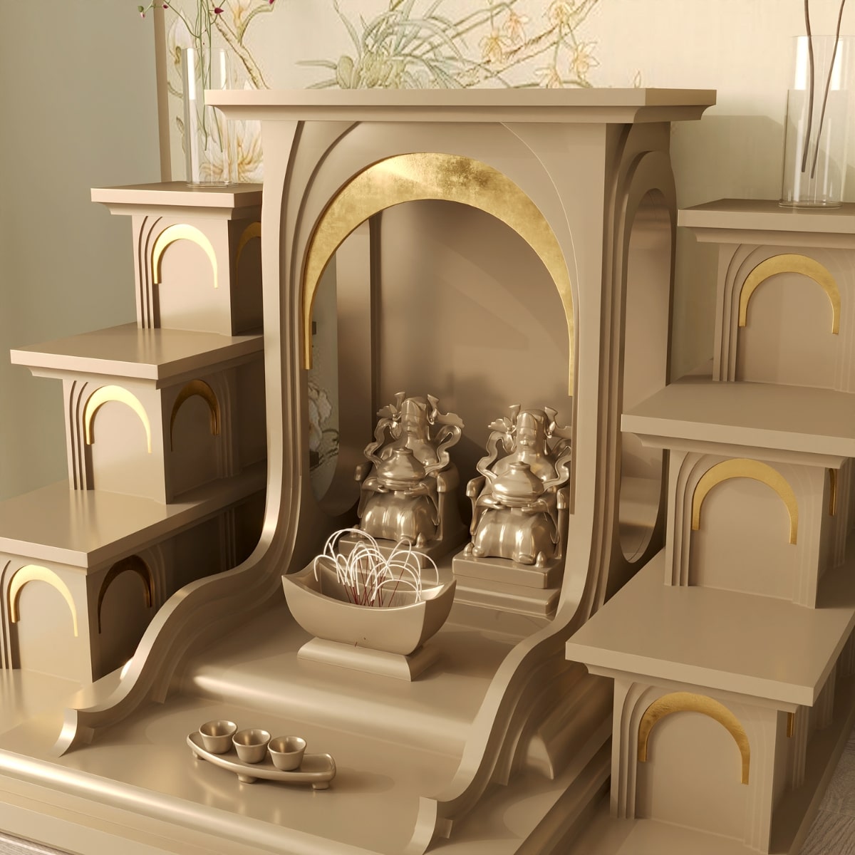 Bàn thờ tam cấp nhật quang dát vàng khung cảnh 16