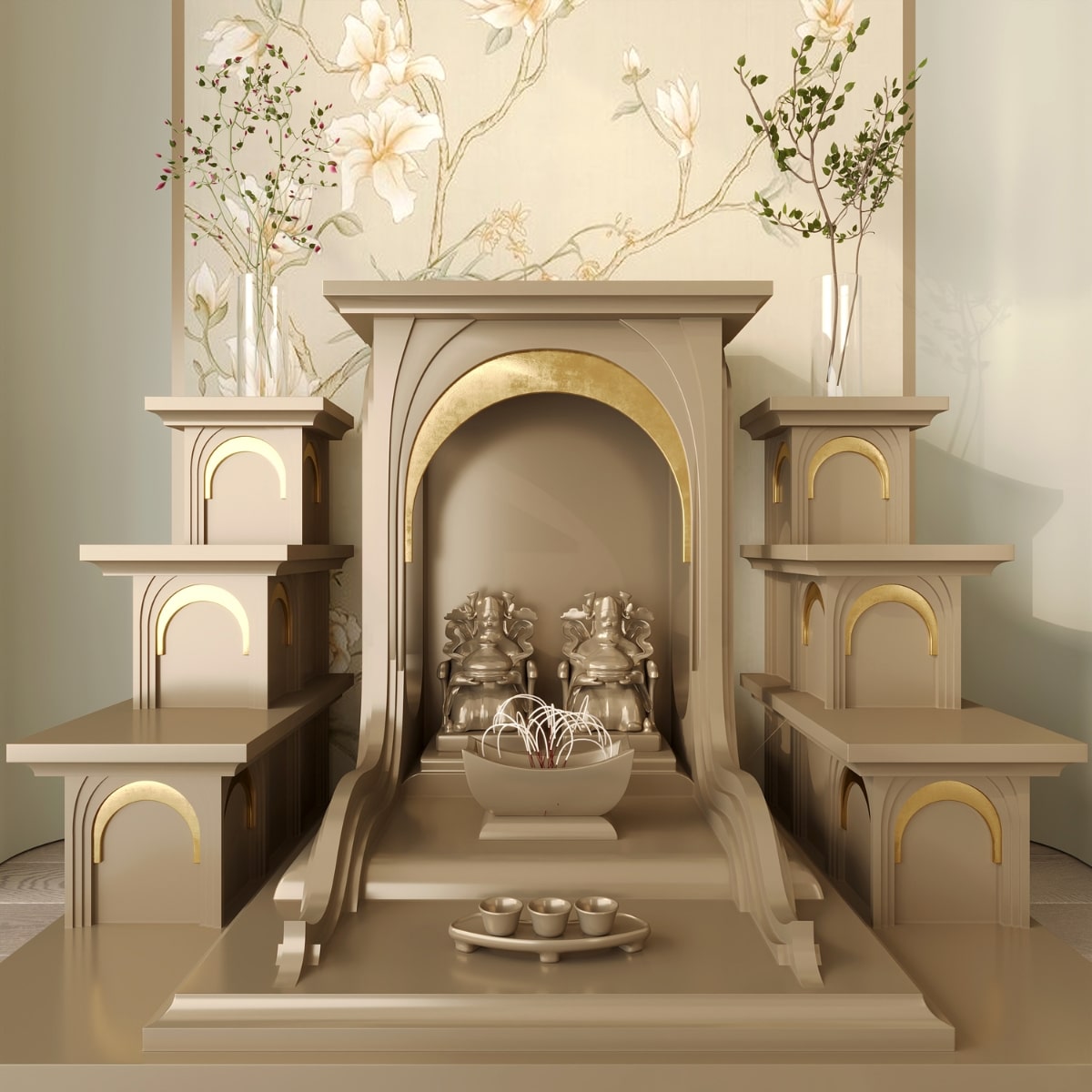 Bàn thờ tam cấp nhật quang dát vàng khung cảnh 17