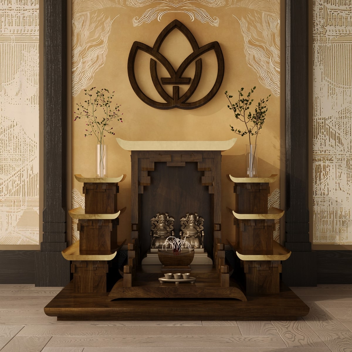 Bàn thờ tam cấp thiên an dát vàng khung cảnh1