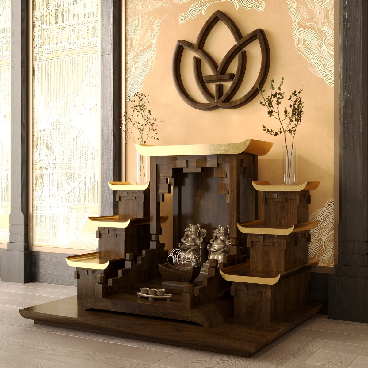 Bàn thờ tam cấp thiên an dát vàng khung cảnh 2