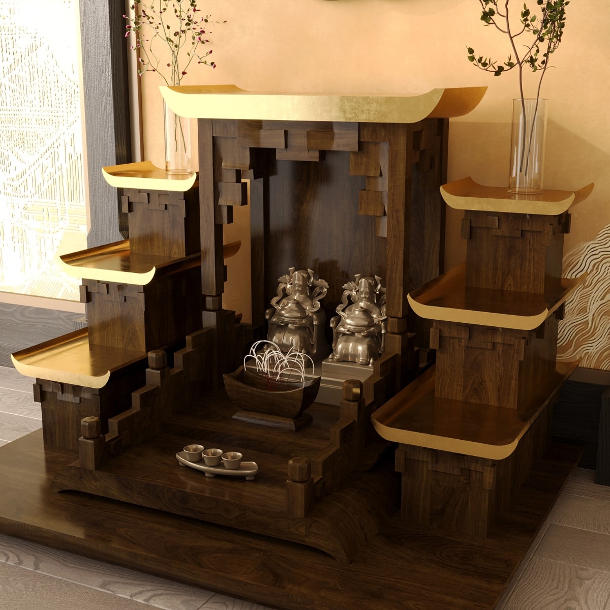 Bàn thờ tam cấp thiên an dát vàng khung cảnh 3