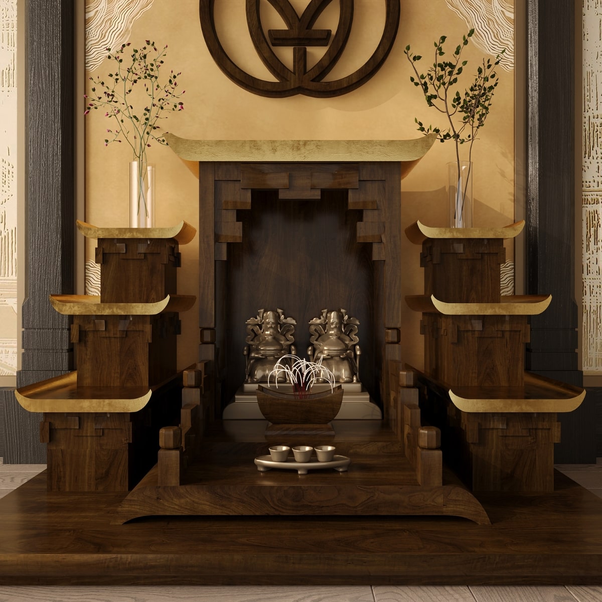 Bàn thờ tam cấp thiên an dát vàng khung cảnh 4