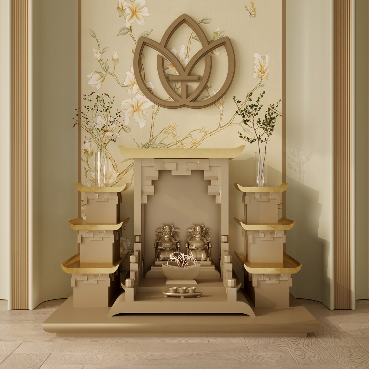 Bàn thờ tam cấp thiên an dát vàng khung cảnh 6