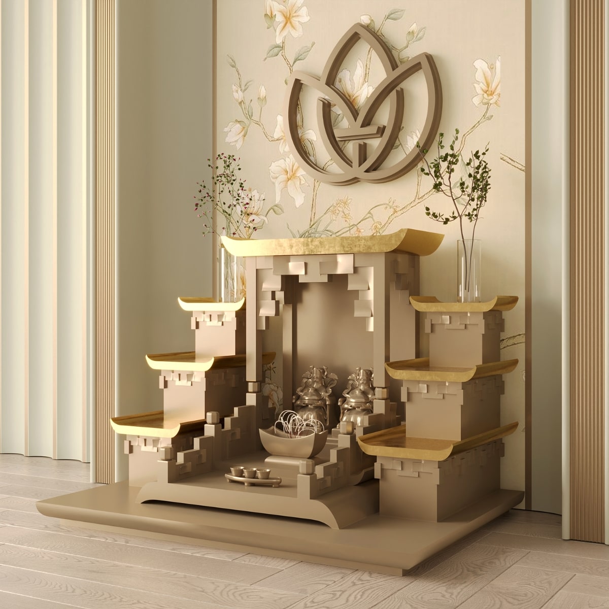 Bàn thờ tam cấp thiên an dát vàng khung cảnh 7