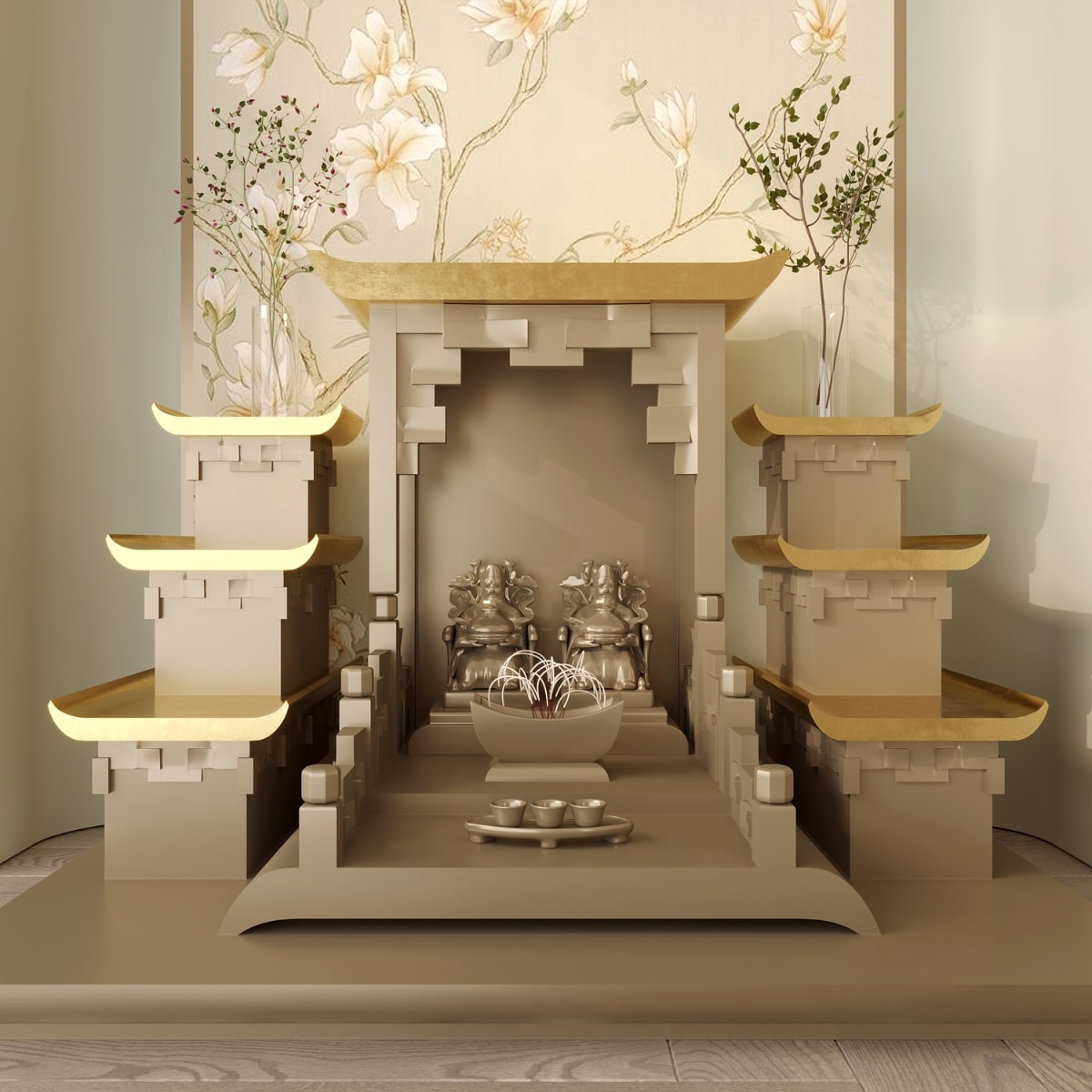 Bàn thờ tam cấp thiên an dát vàng khung cảnh8