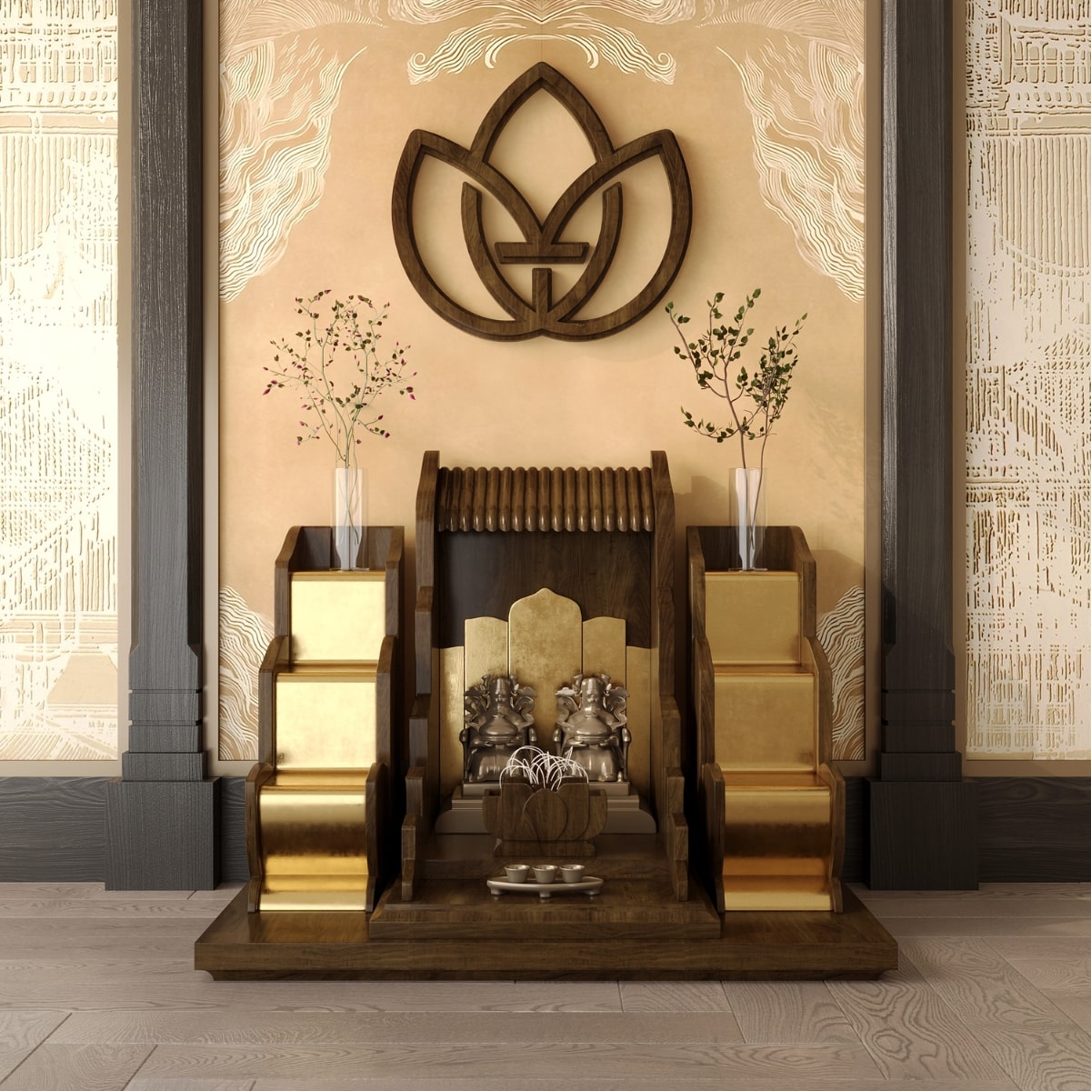 Bàn thờ tam cấp vạn liên dát vàng 0