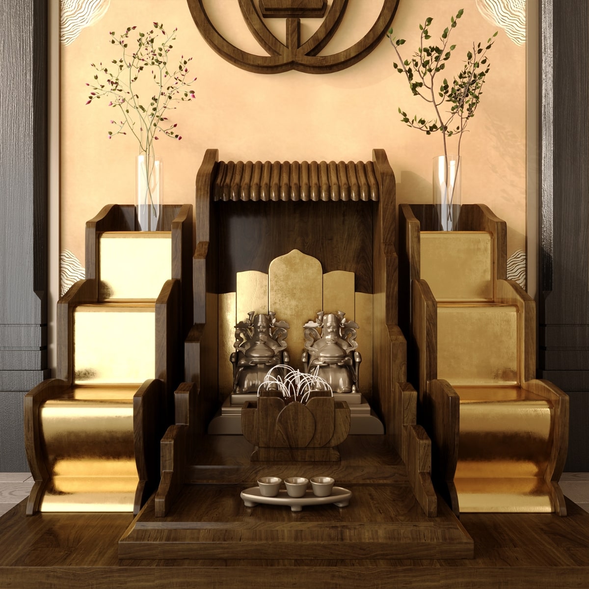 Bàn thờ tam cấp vạn liên dát vàng 1