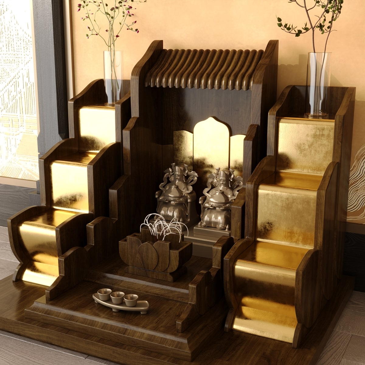 Bàn thờ tam cấp vạn liên dát vàng 2