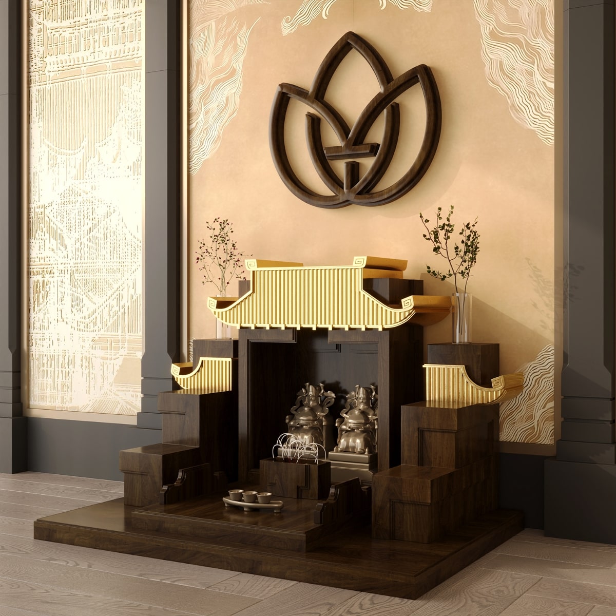 Khung cảnh bàn thờ dát vàng màu nâu kim góc nghiêng