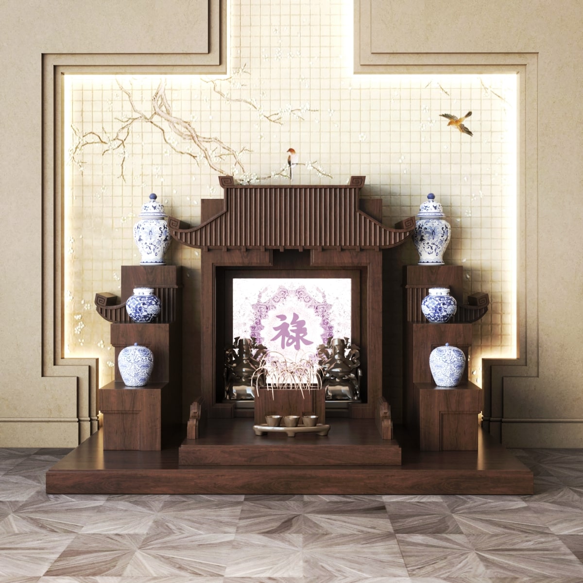 Mẫu bàn thờ thần tài tam cấp mãn đường trúc chỉ nâu bách