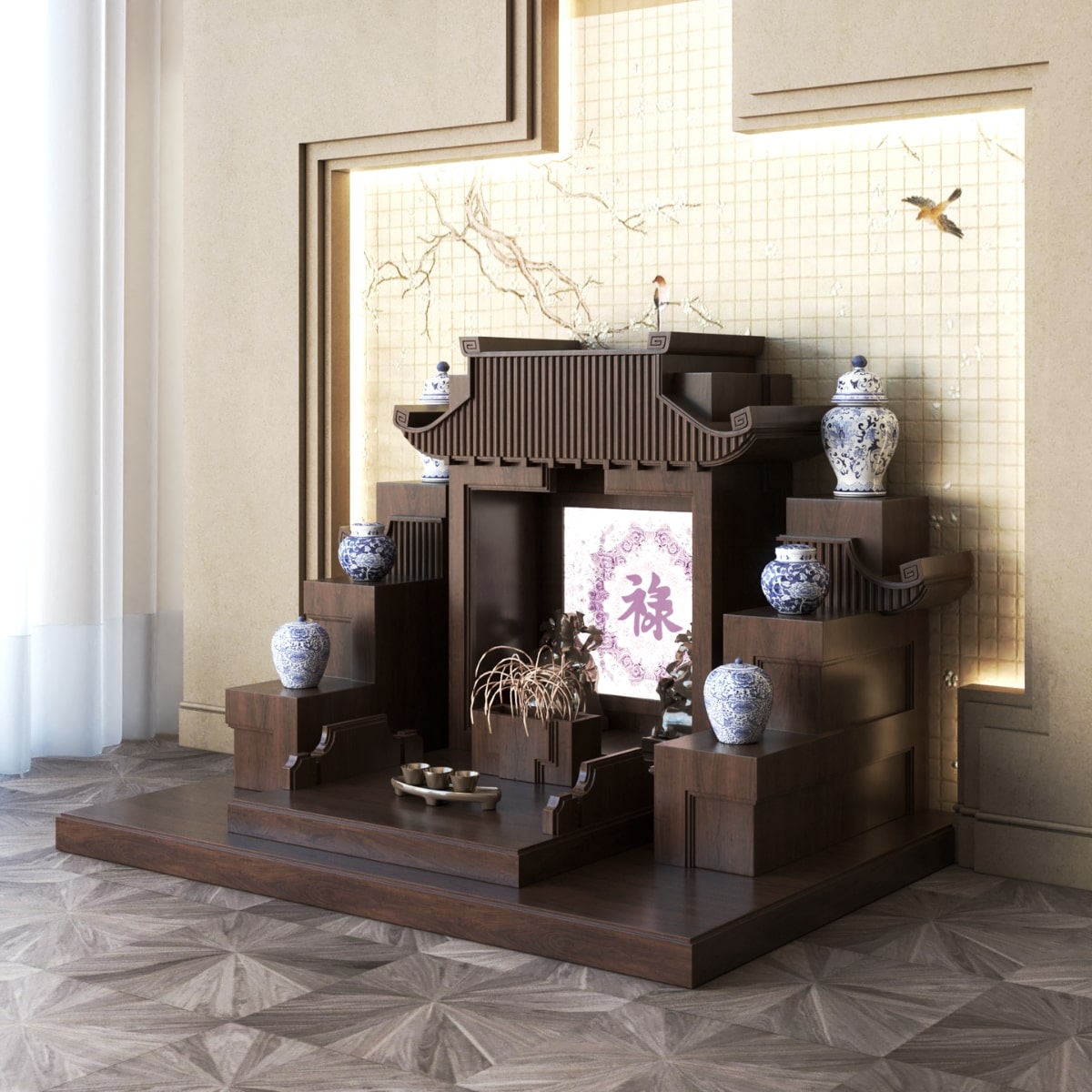 Mẫu bàn thờ tam cấp mãn đường trúc chỉ nâu bách