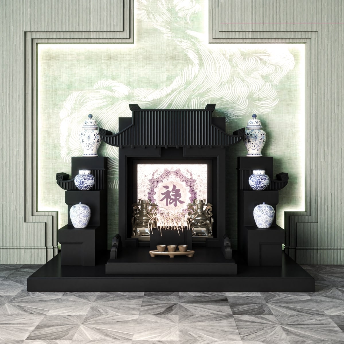 Mẫu bàn thờ thần tài tam cấp mãn đường trúc chỉ đen huyền