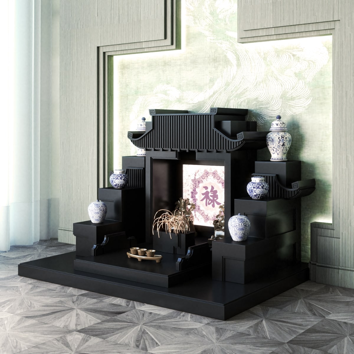 Mẫu bàn thờ tam cấp mãn đường trúc chỉ đen huyền