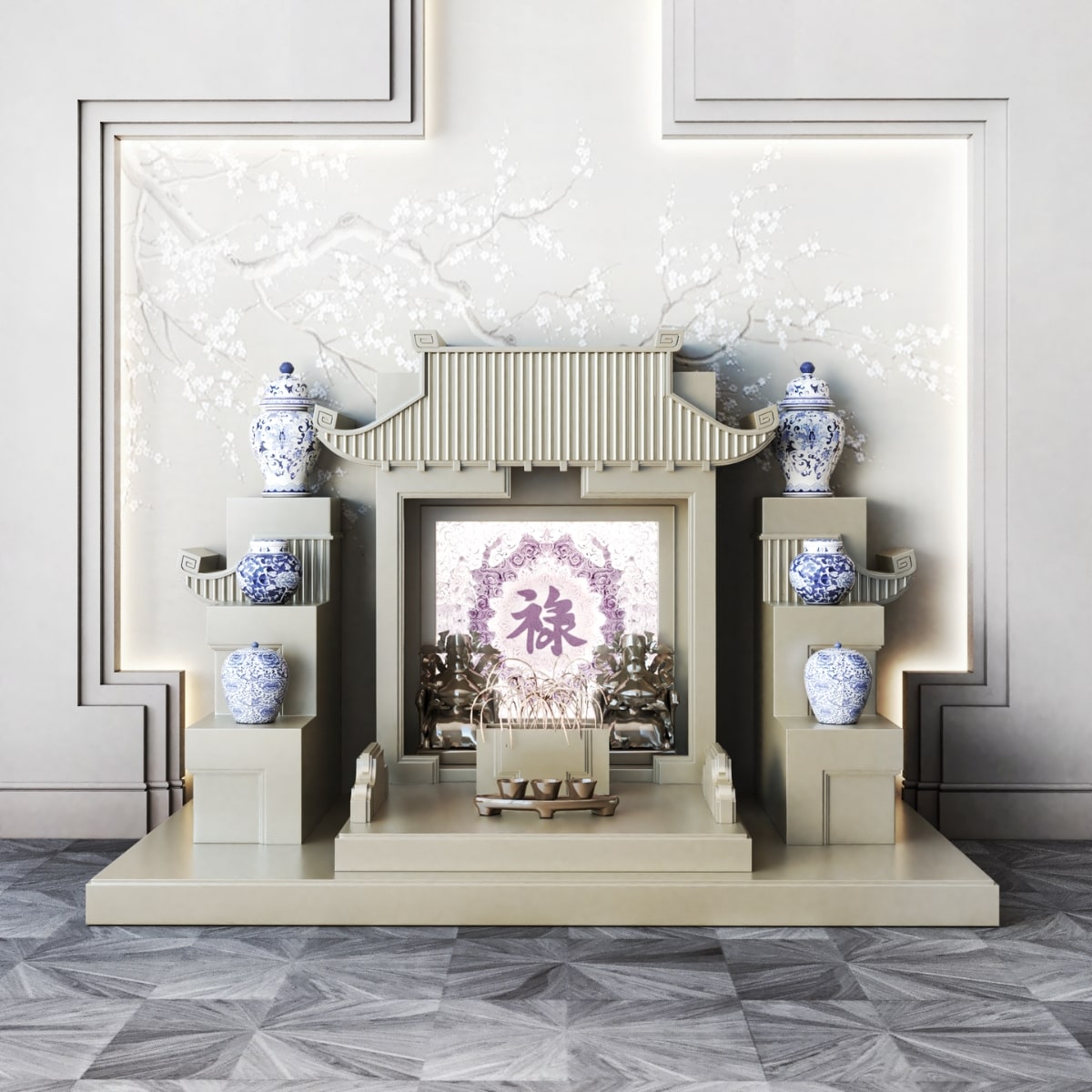 Mẫu bàn thờ thần tài tam cấp mãn đường trúc chỉ vàng kim