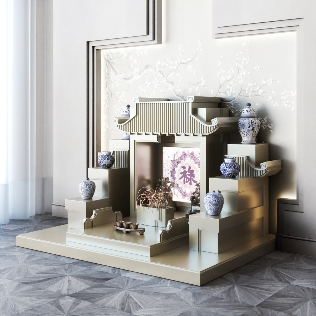 Mẫu bàn thờ tam cấp mãn đường trúc chỉ vàng kim