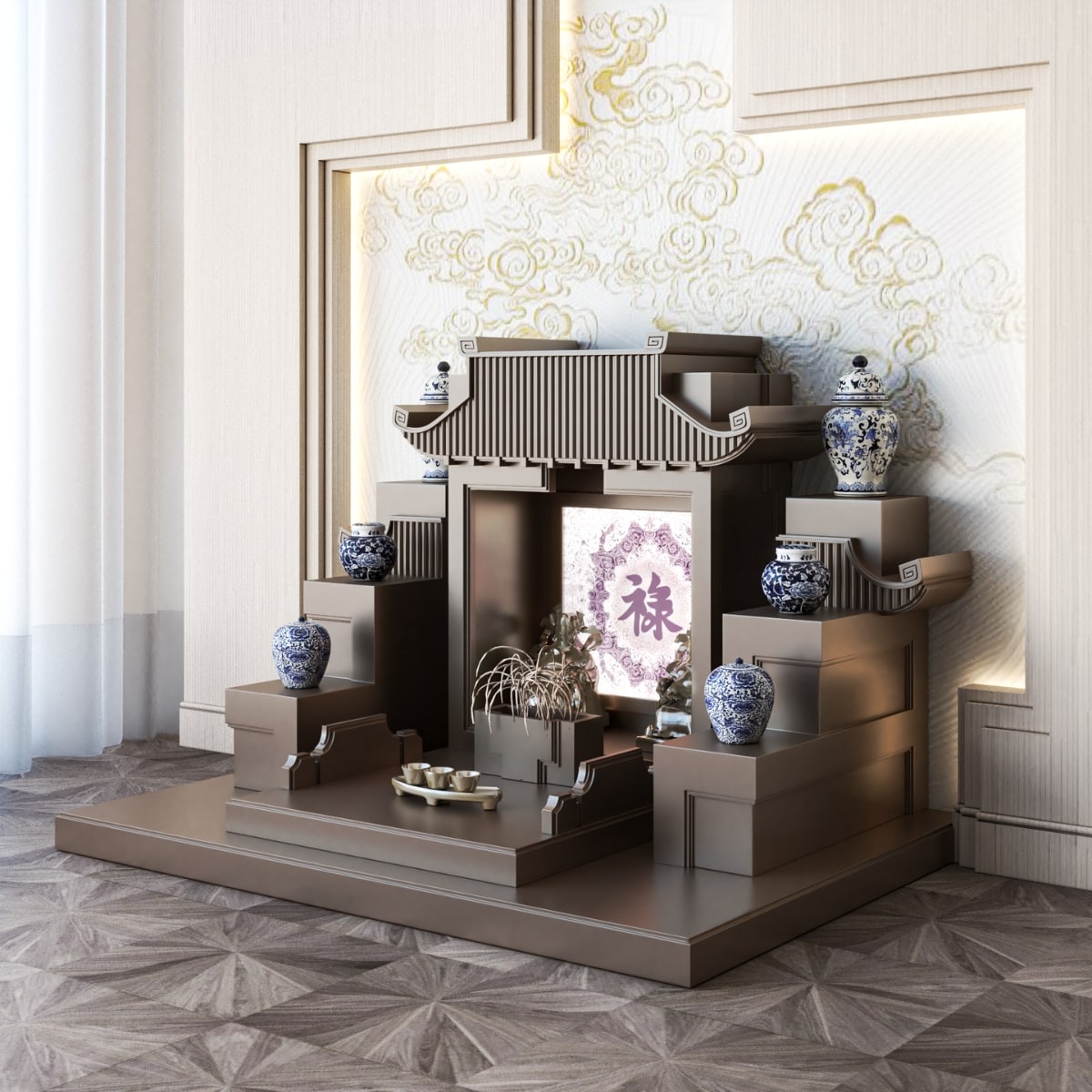 Mẫu bàn thờ thần tài tam cấp mãn đường trúc chỉ nâu kim