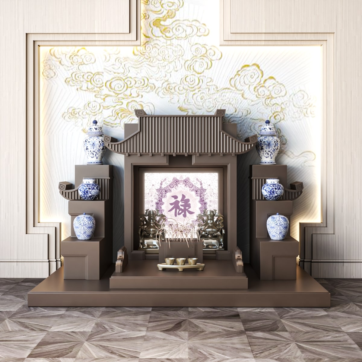 Mẫu bàn thờ tam cấp mãn đường trúc chỉ nâu kim