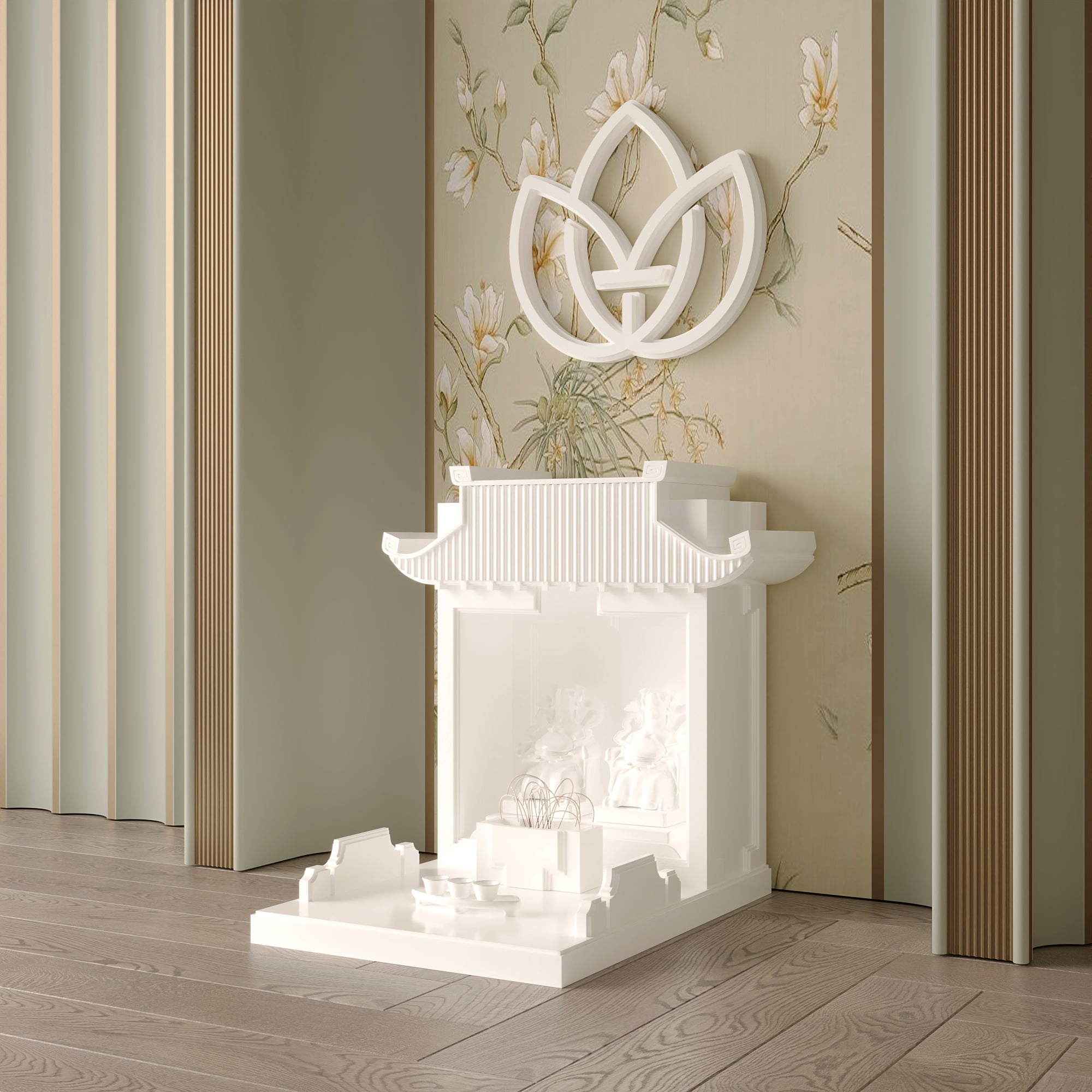 Mẫu bàn thờ thần tài mãn đường màu trắng tuyết